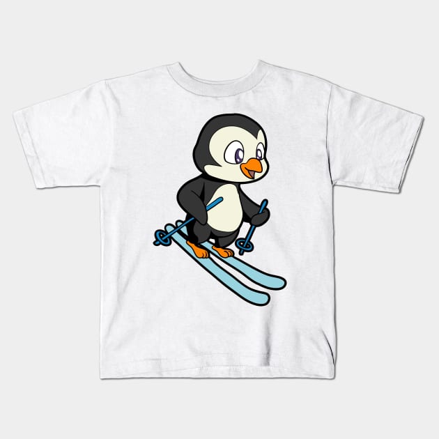 Penguin skiing Kids T-Shirt by Modern Medieval Design